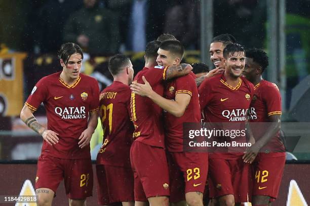 Gianluca Mancini with his teammates of AS Roma celebrates after scoring the team's second goal during the Serie A match between AS Roma and Brescia...