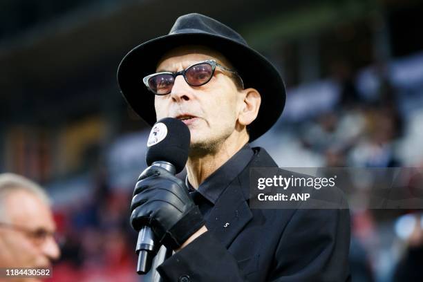 Jules Deelder spreekt gedicht uit tijdens het vieren van zijn 75e verjaardag in het Sparta stadion during the Dutch Eredivisie match between Sparta...