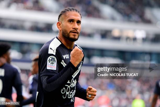 Bordeaux's Brazilian defender Pablo celebrates after scoring a goal during the French L1 football match between FC Girondins de Bordeaux and AS...