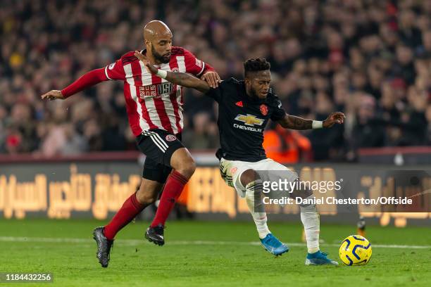 David McGoldrick of Sheffield United and Fred of Manchester United during the Premier League match between Sheffield United and Manchester United at...