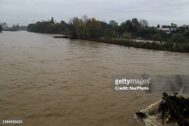 The river Stura di Lanzo in Turin on November 24, 2019 after its level rose overnight following heavy rain. Heavy rains continued to lash northern...