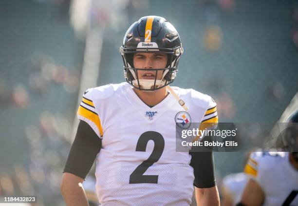 Mason Rudolph of the Pittsburgh Steelers warms up before the start of the game against the Cincinnati Bengals at Paul Brown Stadium on November 24,...