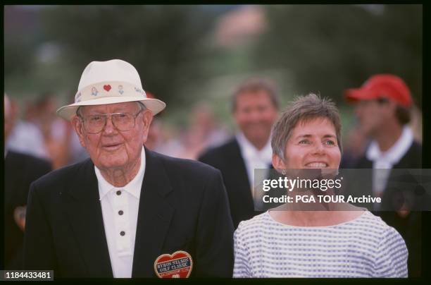 Byron Nelson, Peggy Nelson 2002 Verizon Byron Nelson Classic - - Sunday Photo by Chris Condon/PGA TOUR Archive via Getty Images