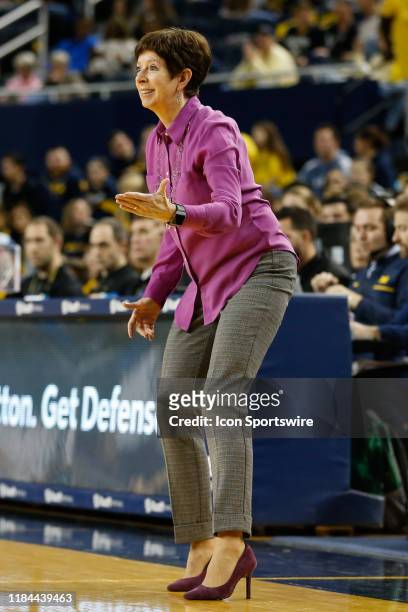Notre Dame Fighting Irish head coach Muffet McGraw reacts to her team's play during a regular season non-conference game between the Notre Dame...