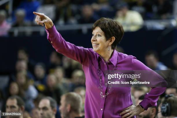 Notre Dame Fighting Irish head coach Muffet McGraw shouts instructions to her team during a regular season non-conference game between the Notre Dame...