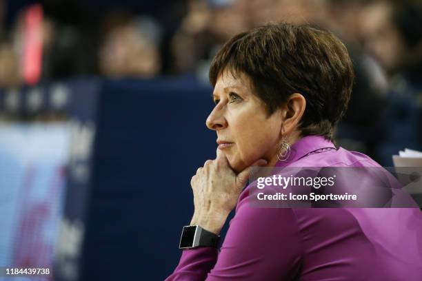 Notre Dame Fighting Irish head coach Muffet McGraw watches the action on the court during a regular season non-conference game between the Notre Dame...