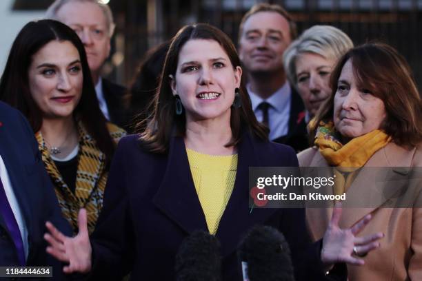 Leader of the Liberal Democrats, Jo Swinson, gathered her party of MPs outside the Houses of Parliament ahead of campaigning for the General...