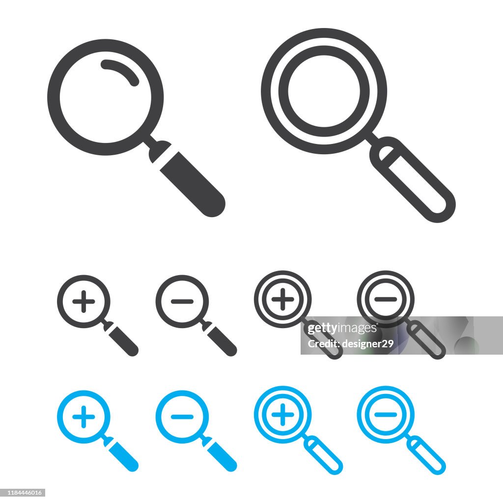 Lupa o Conjunto de iconos de búsqueda y Zoom, Alejar diseño vectorial.