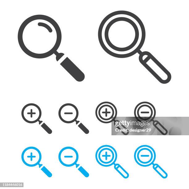 magnifying glass or search icon set and zoom in, zoom out vector design. - zoom effect stock illustrations