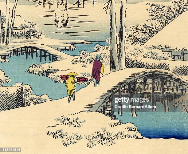 japanese woodblock snow print by hiroshige - kimono winter stock illustrations