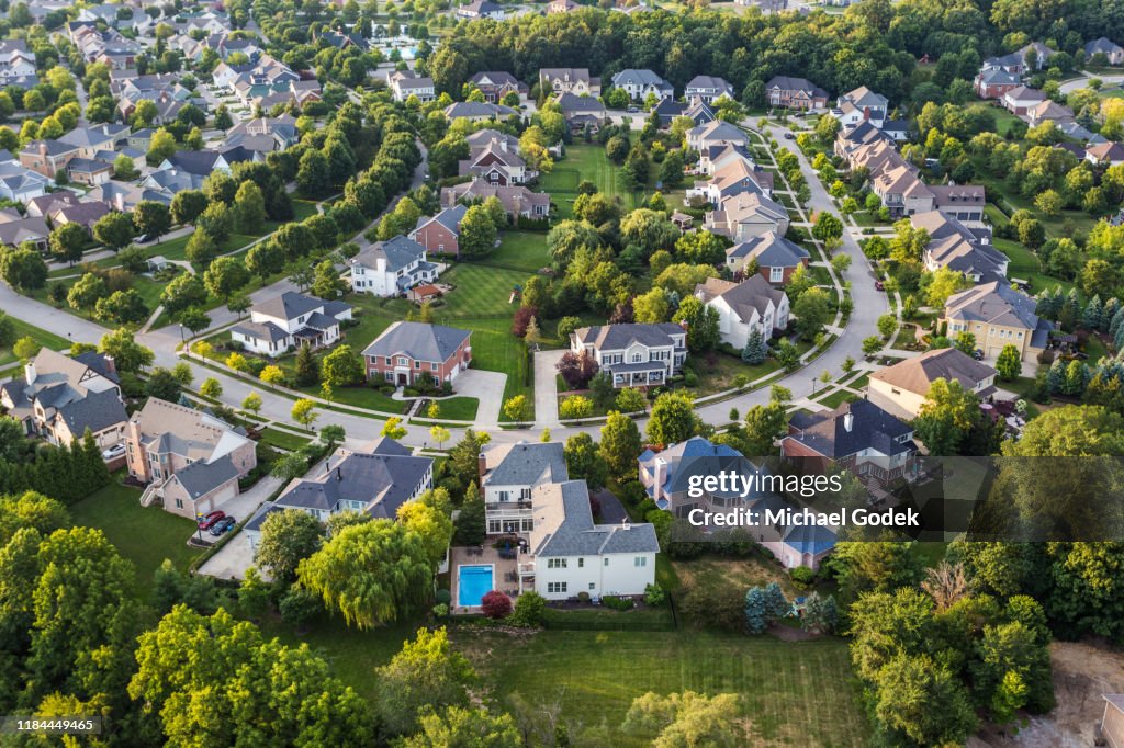Aerial view of suburban neighborhood