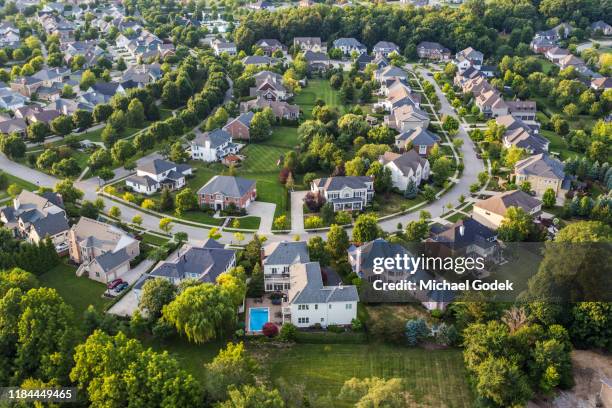 aerial view of suburban neighborhood - quartier résidentiel photos et images de collection