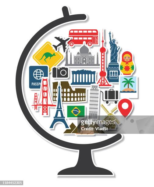 globe with travel icons landmarks tourist vacation destination stickers in round shape - travel destinations stock illustrations