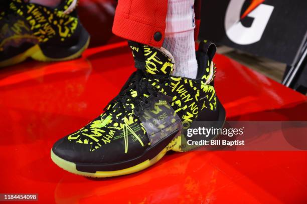 The sneakers of Russell Westbrook of the Houston Rockets during a game against the Dallas Mavericks on November 24, 2019 at the Toyota Center in...