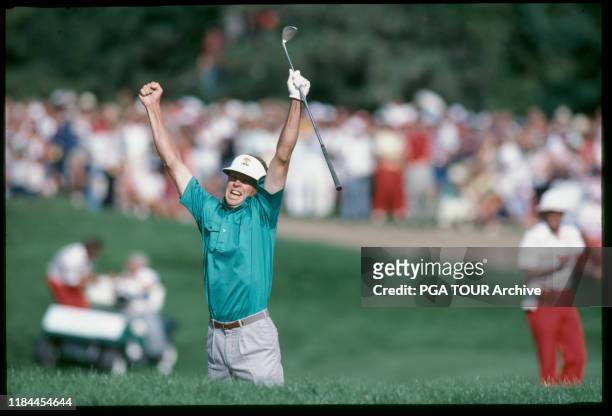 Bob Tway, holes a bunker shot on the 18th hole to win the 1986 PGA Championship Photo by Jeff McBride/PGA TOUR Archive via Getty Images