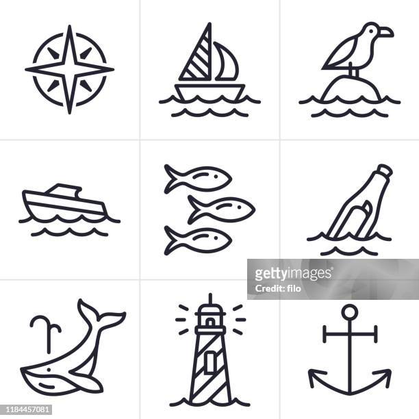 ilustraciones, imágenes clip art, dibujos animados e iconos de stock de iconos y símbolos del mar oceánico y de vela - whales