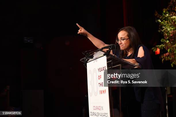 Honoree Nicaraguan journalist Lucia Pineda of 100% Noticias speaks on stage during The International Women's Media Foundation's 2019 Courage In...