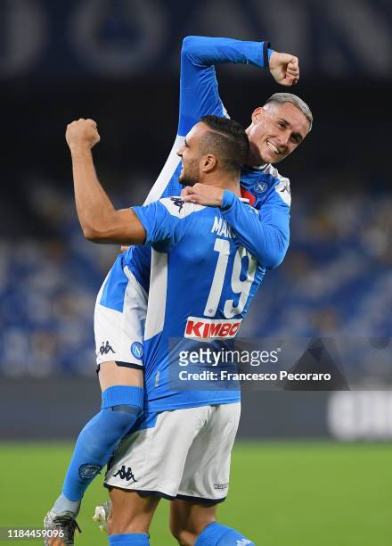 Jose Callejon and Nikola Maksimovic of SSC Napoli celebrate the 1-0 goal scored by Nikola Maksimovic during the Serie A match between SSC Napoli and...