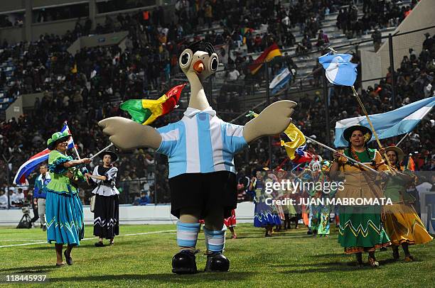 Suri, the Copa America Argentina 2011 mascot, is seen on the pitch during half-time of a 2011 Copa America Group A first round football match between...