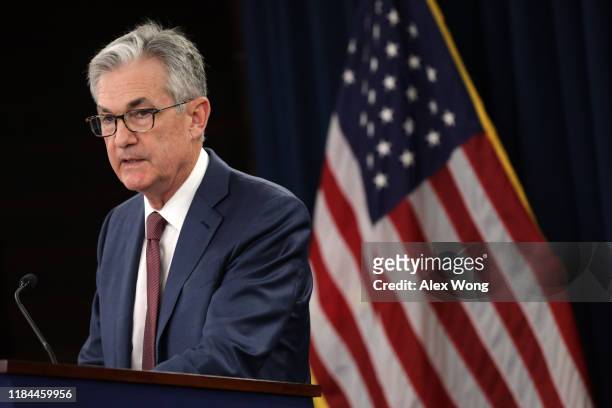 Federal Reserve Board Chairman Jerome Powell speaks during a news conference October 30, 2019 in Washington, DC. The Fed announced that it will cut...