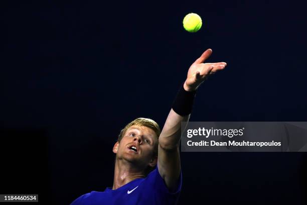 Kyle Edmund of Great Britain serves in his match against Diego Schwartzman of Argentina on day 3 of the Rolex Paris Masters, part of the ATP World...