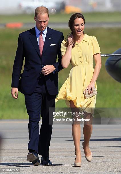 Catherine, Duchess of Cambridge and Prince William, Duke of Cambridge arrive at Calgary Airport on July 7, 2011 in Calgary, Canada. The newly married...