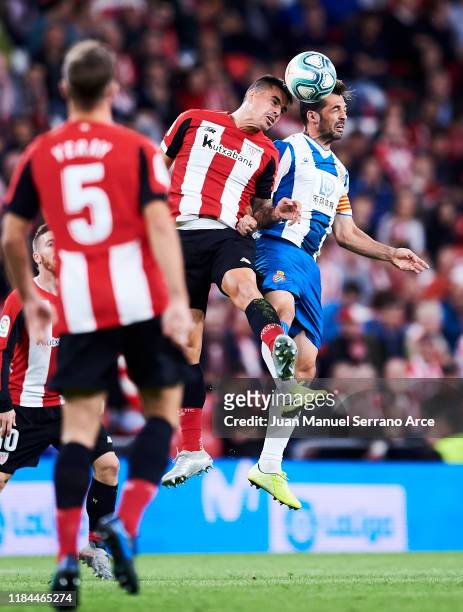 Dani Garcia of Athletic Club duels for the ball with Victor Sanchez of RCD Espanyol during the Liga match between Athletic Club and RCD Espanyol at...