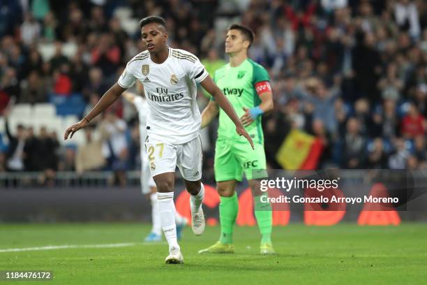 Rodrygo of Real Madrid celebrates after scoring his sides first goal during the Liga match between Real Madrid CF and CD Leganes at Estadio Santiago...