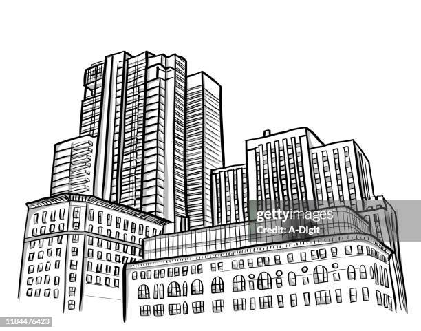 downtown sky scrapers - building sketch stock illustrations