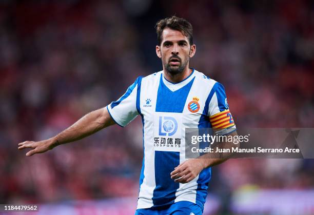 Victor Sanchez of RCD Espanyol reacts during the Liga match between Athletic Club and RCD Espanyol at San Mames Stadium on October 30, 2019 in...