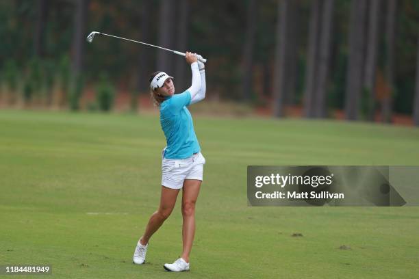 Klara Spilkova of the Czech Republic hits her second shot on the eighth hole during the LPGA Q-Series presented by Blue Cross and Blue Shield North...