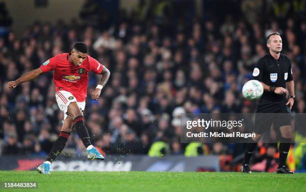 Marcus Rashford of Manchester United scores his team's second goal from a free kick during the Carabao Cup Round of 16 match between Chelsea and...