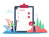 Rules vector illustration. Flat tiny rules checklist persons concept. Principles and strategy of company management for the order and restrictions of the company. Legal Rules