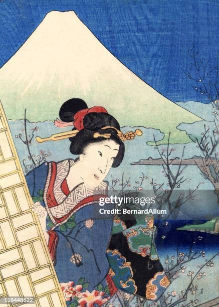 traditional woodblock print woman and mount fuji - traditional japanese painting stock illustrations