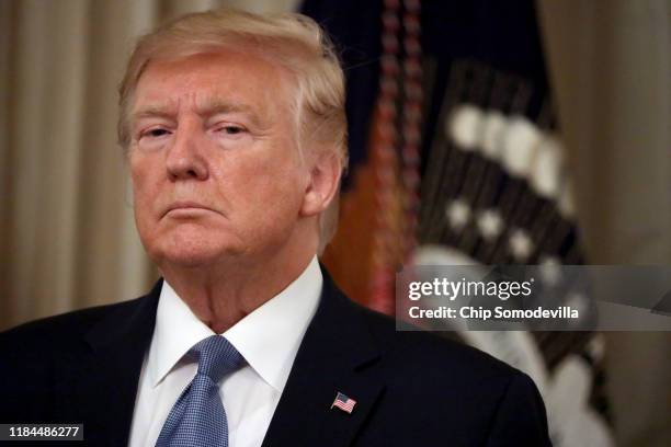 President Donald Trump delivers remarks during the Medal of Honor ceremony for Army Master Sgt. Matthew Williams in the East Room of the White House...