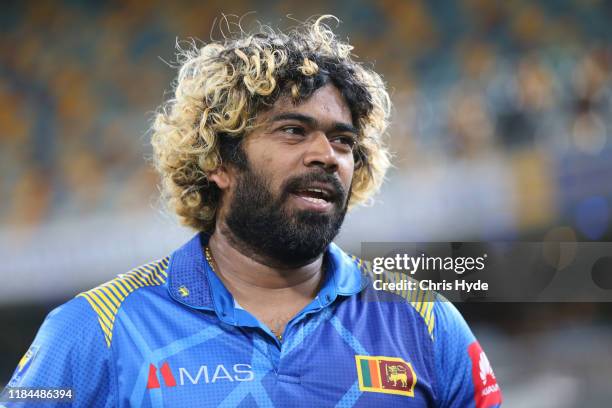 Lasitha Malinga of Sri Lanka looks on during game two of the Men's International Twenty20 series between Australia and Sri Lanka at The Gabba on...