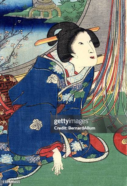 traditional woodblock print woman kneeling - screen partition stock illustrations