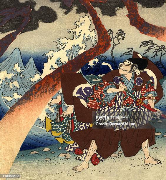 traditional woodblock print warriors and storm - 日本人 幅插畫檔、美工圖案、卡通及圖標