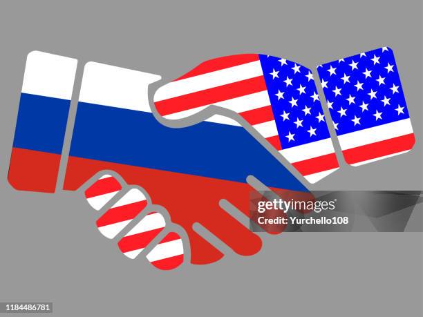 handshake with russian and usa flags vector - russia usa stock illustrations