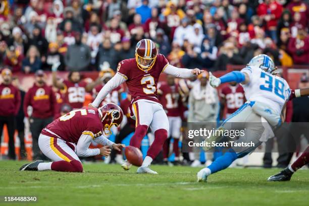 Dustin Hopkins of the Washington Redskins kicks the game winning field goal against the Detroit Lions during the second half at FedExField on...