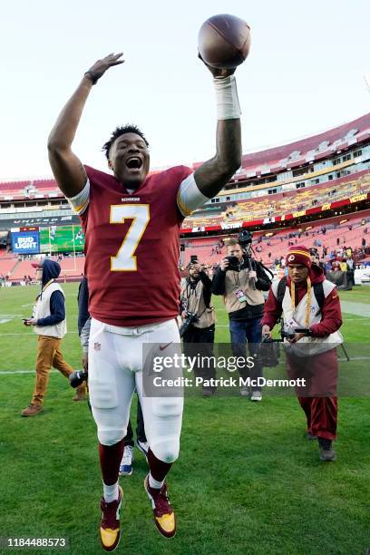 Dwayne Haskins of the Washington Redskins celebrates after the Redskins defeated the Detroit Lions 19-16 at FedExField on November 24, 2019 in...