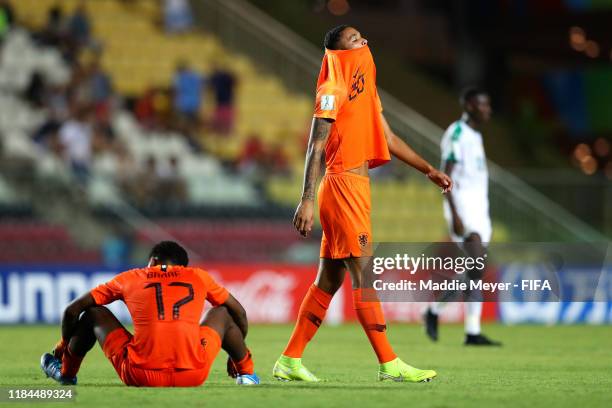 Djenairo Daniels of Netherlands and Jayden Braaf react after Senegal defeat Netherlands 3-1 in the FIFA U-17 World Cup Brazil 2019 group D match at...