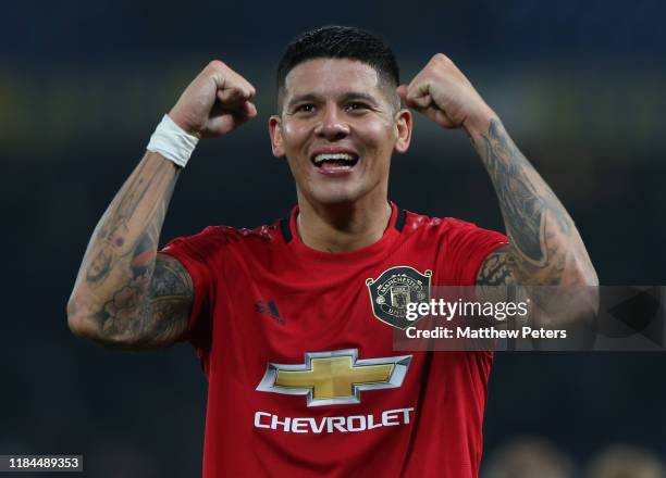 Marcos Rojo of Manchester United celebrates after the Carabao Cup Round of 16 match between Chelsea FC and Manchester United at Stamford Bridge on...