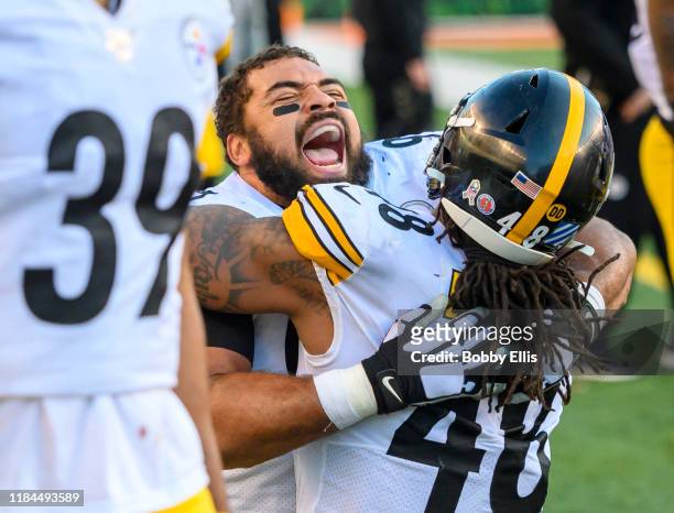Cameron Heyward and Bud Dupree of the Pittsburgh Steelers celebrate on the sidelines after Dupree recovered a fumble in the fourth quarter of the...