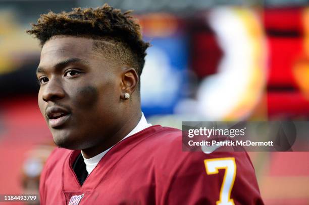 Dwayne Haskins of the Washington Redskins is interviewed after the Redskins defeated the Detroit Lions 19-16 at FedExField on November 24, 2019 in...