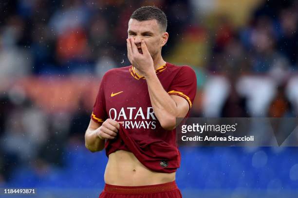 Edin Dzeko of AS Roma reacts during the Serie A football match between AS Roma and Brescia Calcio. AS Roma won 3-0 over Brescia Calcio.