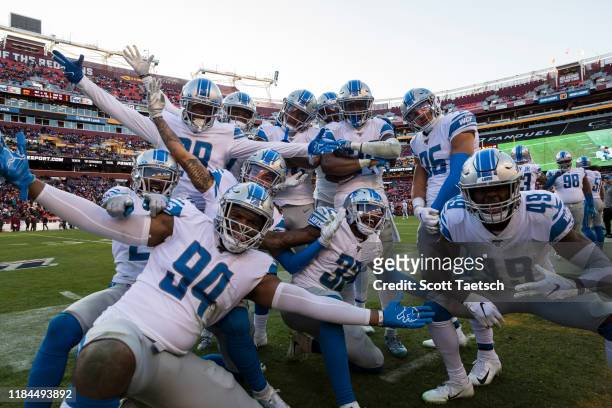 Amani Oruwariye of the Detroit Lions celebrates its teammates after intercepting a pass against the Washington Redskins during the second half at...