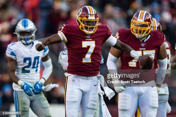 Dwayne Haskins of the Washington Redskins celebrates after running for a first down against the Detroit Lions during the second half at FedExField on...