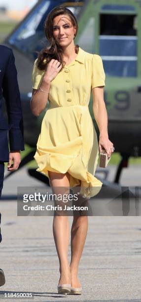 Catherine, Duchess of Cambridge arrives at Calgary Airport on July 7, 2011 in Yellowknife, Canada. The newly married Royal Couple are on the eighth...