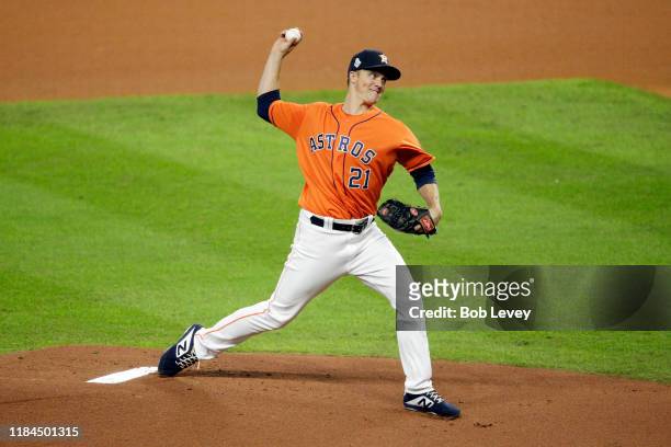 Zack Greinke of the Houston Astros delivers the pitch against the Washington Nationals during the first inning in Game Seven of the 2019 World Series...